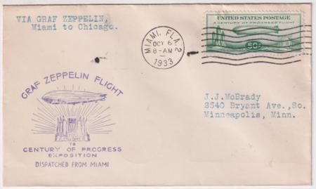 US 1933 C18 FDC Miami, FL to Chicago, Addressed to MN