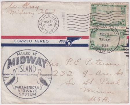 US 1938 Airmail Cover from Hawaii with 2x C21, the Interim Rate