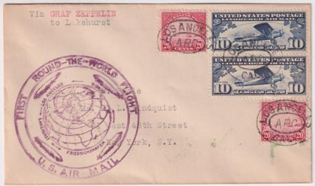 US 1929 Zeppelin Around the World Flight Cover, Los Angeles to Lakehurst