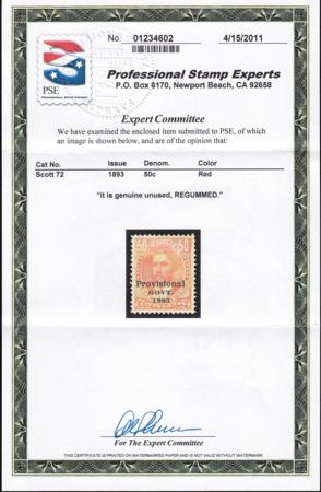 US Possessions - Hawaii 72 Mint XF-SUP Regummed - Still Beautiful! PSE Cert.