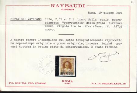 Vatican City 37a Mint NH VF Missing Comma, Raybaudi Cert., Pristine NH