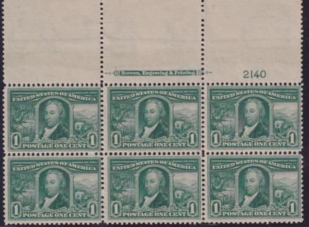 US 323 Early Commemoratives NH F-VF Top Plate Block Of 6