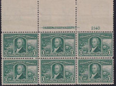 US 323 Early Commemoratives NH F-VF Top Plate Block Of 6