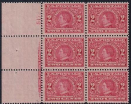 US 370 Early Commemoratives  P/B of 6 Imprint tape V num 5173 Extraordinary Centering and freshness!