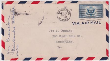 US 1936 CE1 on Airmail Cover Signed by AK Bush Pilot, Joe Crosson