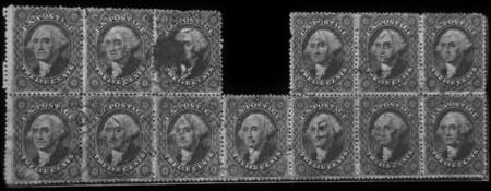 US Classics 36 Rare Block of 13, Few slight Flaws Used F-VF