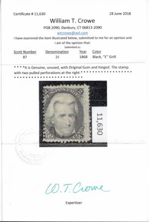 US Classics 87 Crowe Cert mentions 2 pulled Perfs Mint Ave