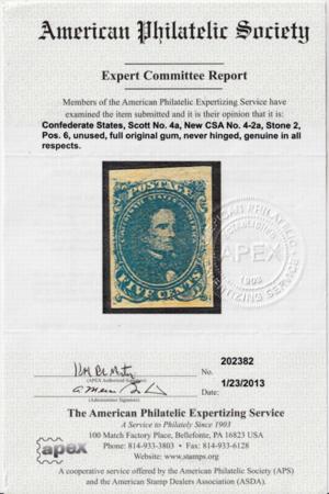 US Confederate States of America #4a Mint NH VF-XF Top Sheet Margin, PF 85 Cert + APS Cert notes pos 6 noted on QF Cert Unlisted Plate Scratch UL Est SMQ $725