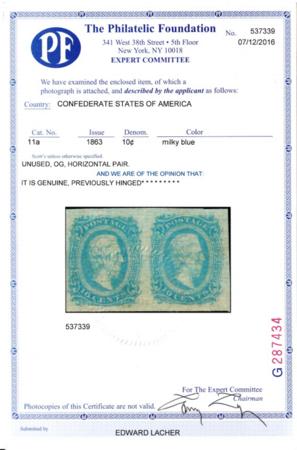 US Confederate States of America #11a Mint LH Superb, Milky Blur Pair with the right Stamp a superb Jumbo PF Cert est SMQ $300