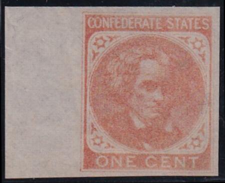 US Confederate States of America #14a Mint LH XF Large Margins, Rich Color, Left sheet margin, Minor gum bend in selvage PF 90 XQ Cert est SMQ $400