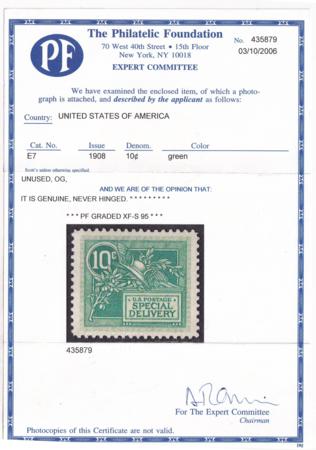 US Special Delivery #E7 NH XF With PF Cert: MNH, XF-SUP-95 Cat Value  $525