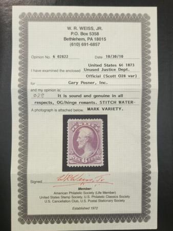 US Officials #O28 MINT Hinged VF - XF H Weiss cert