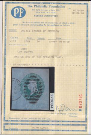 US Postal Stationery and Cut Squares #U170 Used  VF - XF 38x42 mm with partial NY "10" FNQE PFC HS Cert Cat Value: $2750