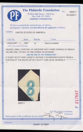 US Postal Stationery and Cut Squares #U300 MINT  VF Triple Print of 1C PF Cert calls it printers waste hard to say