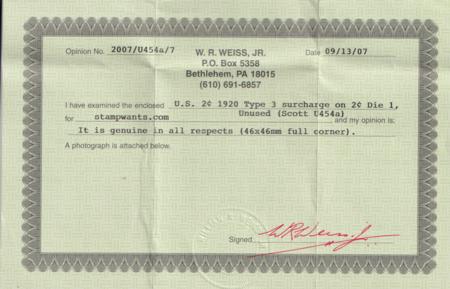 US Postal Stationery and Cut Squares #U454a MINT    SUPERB  46x46 mm Die 1, FC, Weiss Cert  Cat Value: $300