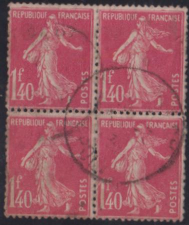 France Sc 183 #YV196 Used  Block soiled, Flat perfs left thins Cat Value: $110/E100.00