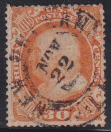 US Classics #38 Used F - VF S-O-N cancel slight thin spot1 short perf Cat Value: 500