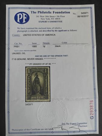 US Newspaper Stamps #PR81 NH Mint VF - XF PF Graded 85 Cert - Scarce so nice! Unpriced as NH est Cat Value: $280