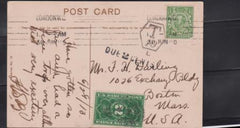 US /GB  US Postage Due #JQ4 XF on 1/2d London PPC to Boston ,T-10 = 2C  postage Due with JQ4.   (Cancelled Over perf over card LR ) Cat Value: $225