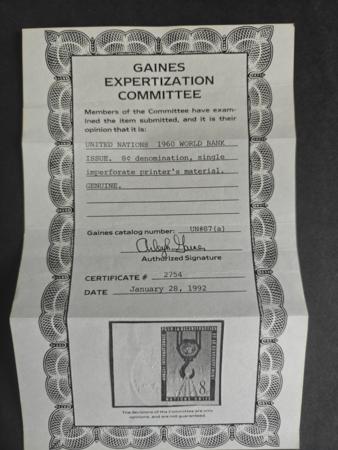 U.N. #Gaines 87c NH Mint XF Left Margin Imperf Single, Gaines Cert Cat Value: $200