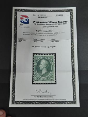 US Officials #O67 Mint Hinged  F PF Cert Fresh Cat Value: $1100