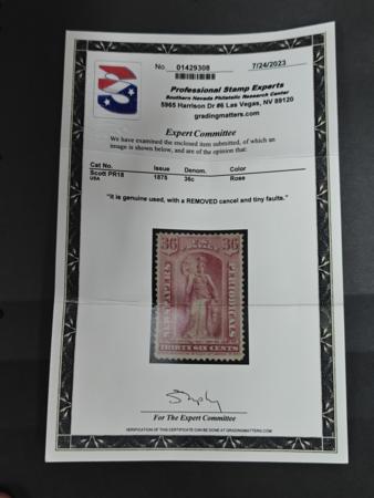 US Newspaper Stamps #PR18 Used  F - VF PSE Cert Used, cancel removed tiny flaws Cat Value: $240