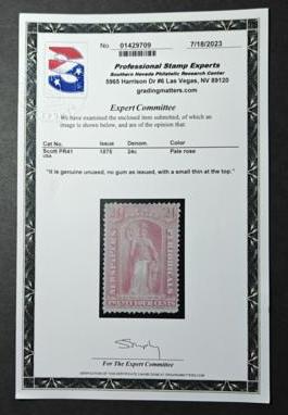 US Newspaper Stamps #PR41 Mint  F - VF No Gum as issued - Slight thin at top PSE Cert Cat Value: $2250