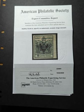 Austria #2c Type III Mint Hinged  VF - XF Machine paper - Deep Black Color APS Cert - Very Fresh Cat Value: $1750