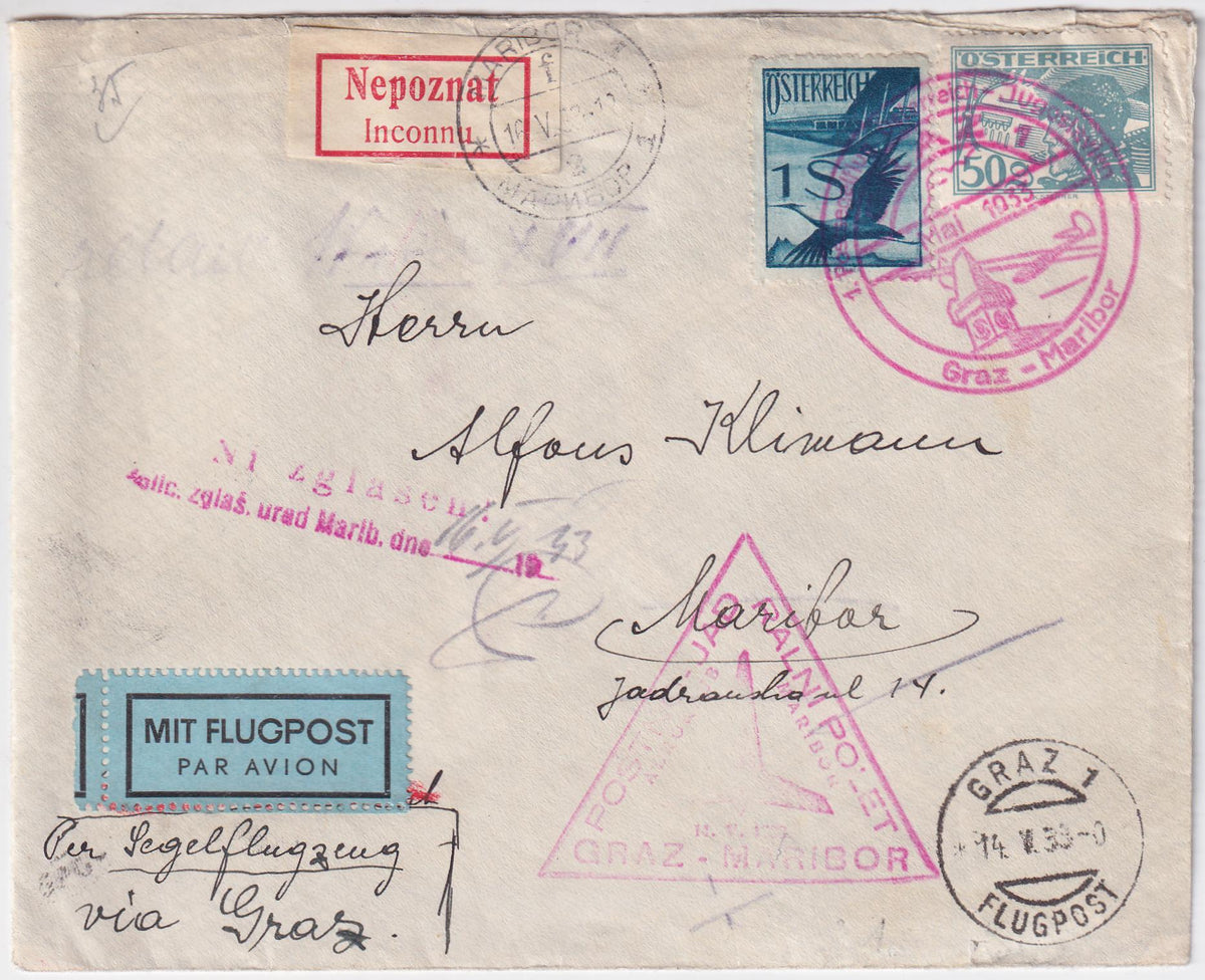 Austria 1933 Glider Flight Graz - Maribor, Marked Unknown address & Return to Sender