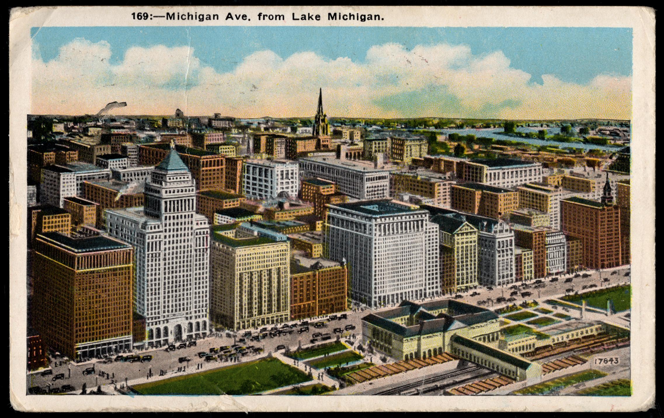 US 1930 C13  VF on F-VF Zeppelin Flight PPC , Picture of Michigan Ave from Lake Michigan