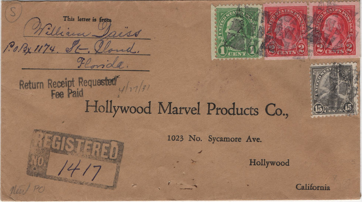 US Florida, St Cloud 632, 634, 696 on Registered Fancy Cancel Cover, Geometric