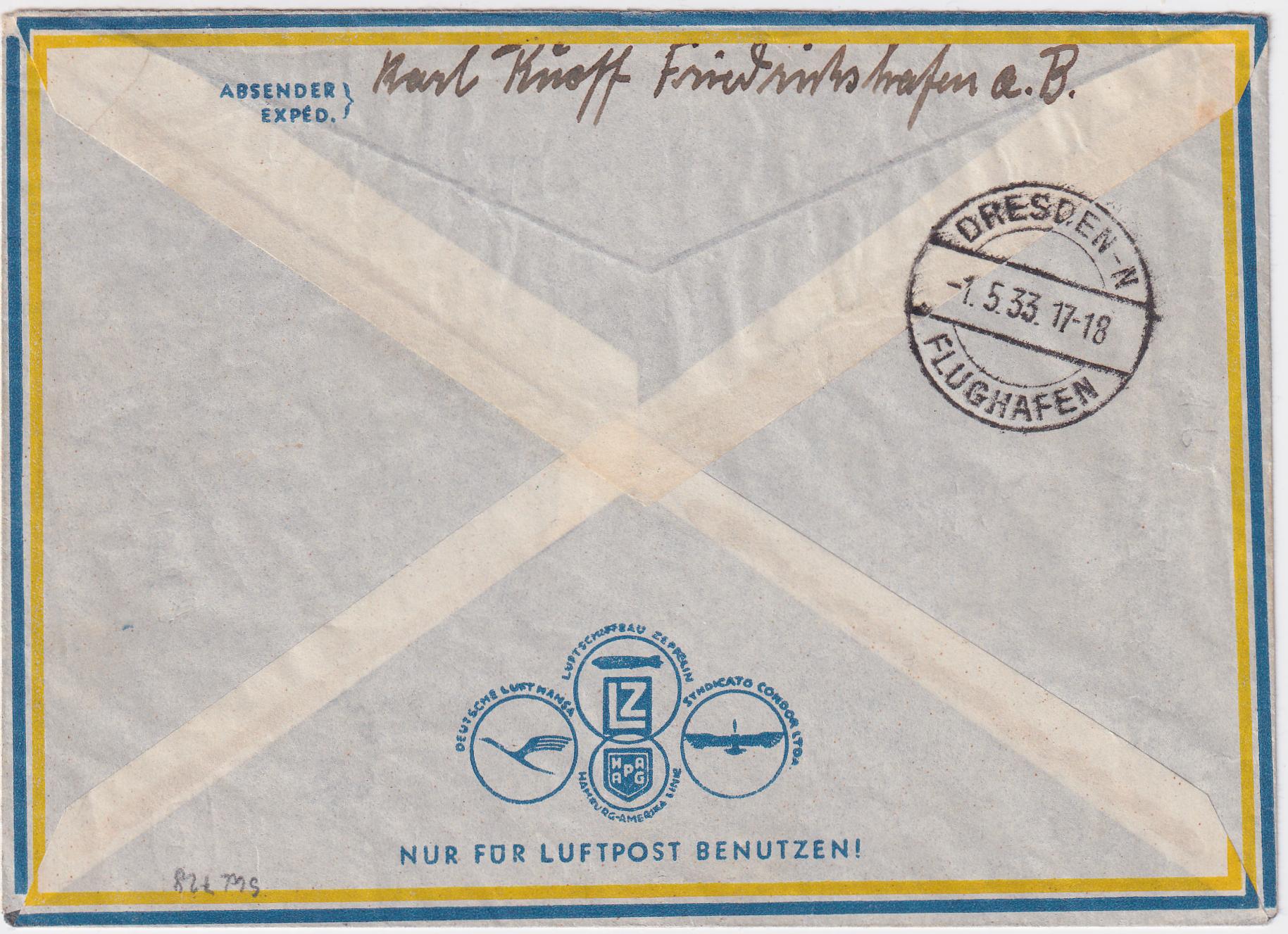 Germany 1933 Zeppelin Flight Cover, Dresden Drop Off and On Board Cancel