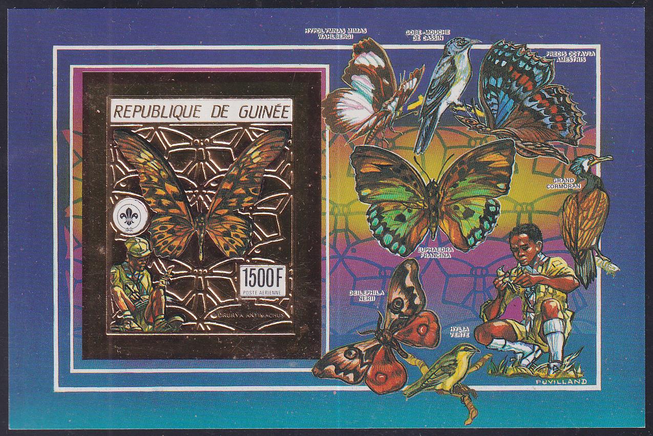 Guinea 1990 Gold Foil - - Four S/S, 2 x Perf, 2 x Imperf, Butterflies, Birds, Scouts