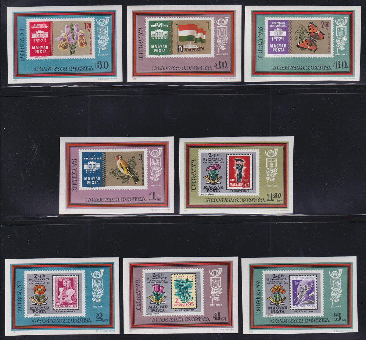 Hungary 1973  #2221-28 NH Imperfs, Stamp on Stamp, Bird, Butterfly