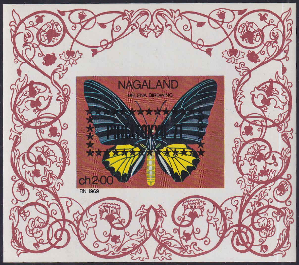 Nagaland 1971  Butterfly NH 3 S/S "Philatokyo" with Different Colored Overprint