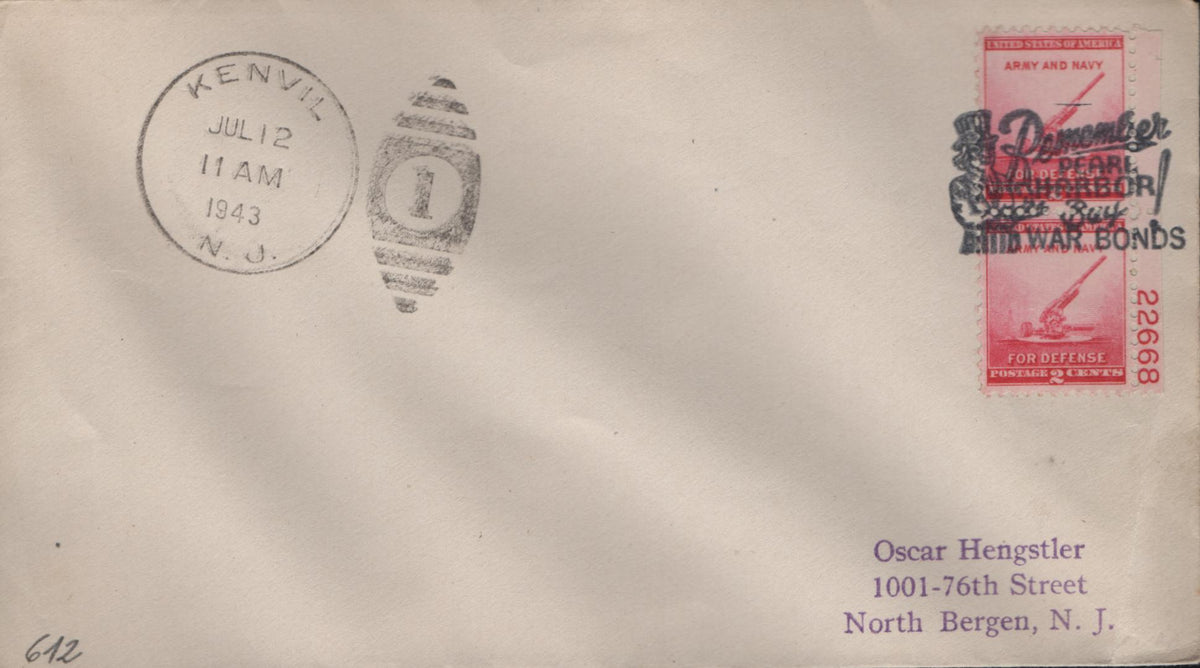 US New Jersey, Kenvil 612 on Fancy Cancel Cover, Remember Pearl Harbor, WWll