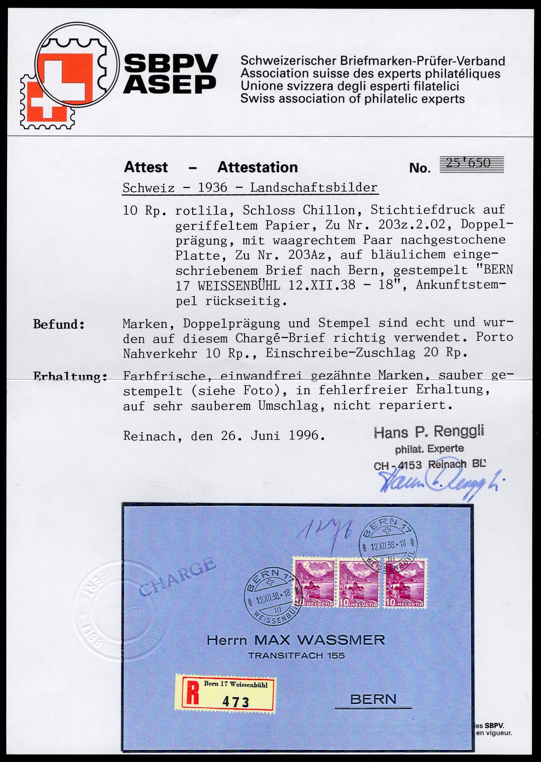 Switzerland 1938 Zum. 203z Double Print Variety on Registered Cover to Bern, Certificate