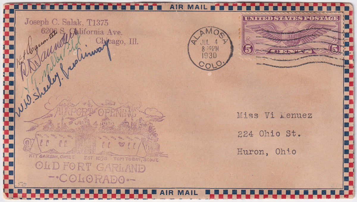 US 1930 Alamosa CO Airport Opening Cover with C12 Signed by Pilots H.T. Miller & Kit Carson III