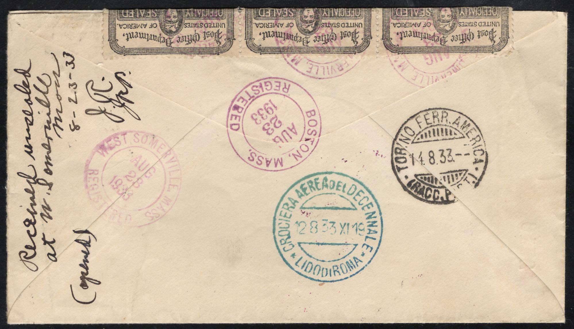 US 1933 NY-Rome Balbo Air Cruise Cover with Rare Official Seal