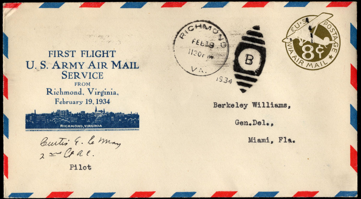 US 1934 First Flight on UC7 from Richmond VA Signed by Pilot Curtis LeMay