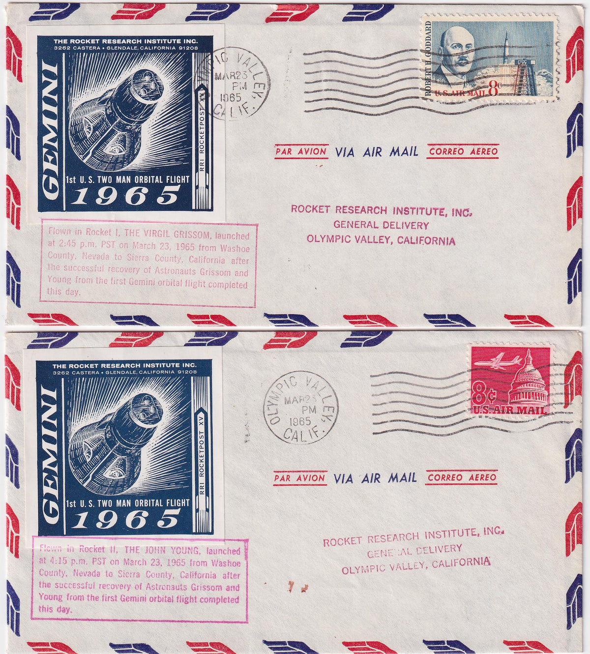 US  1965 Two California Rocket Mail Covers Honoring Landing  of 1st US Gemini Mission