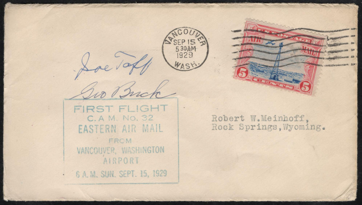 US 1929 1st Flight from Vancouver with C11, Signed by Pilots, J. Taft, G. Buck