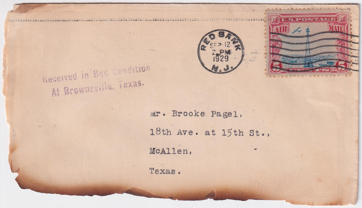 US 1929 Atlanta Crash Cover with C11, Cancelled Red Bank NJ Sent to McAllen TX