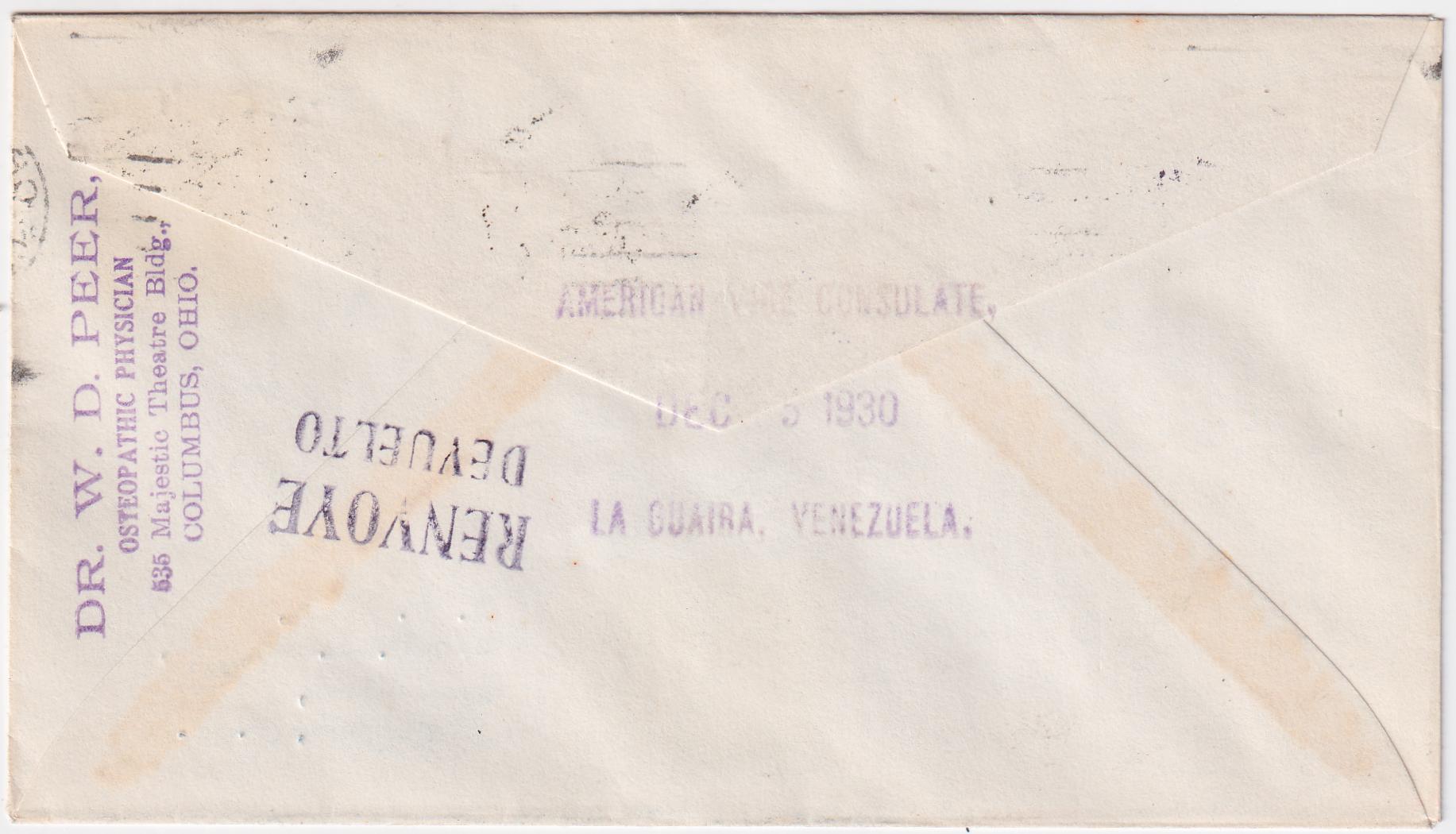 US Canal Zone 1930 1st Flight Cristobal - La Guiara, Venezuela, stamped for  Return