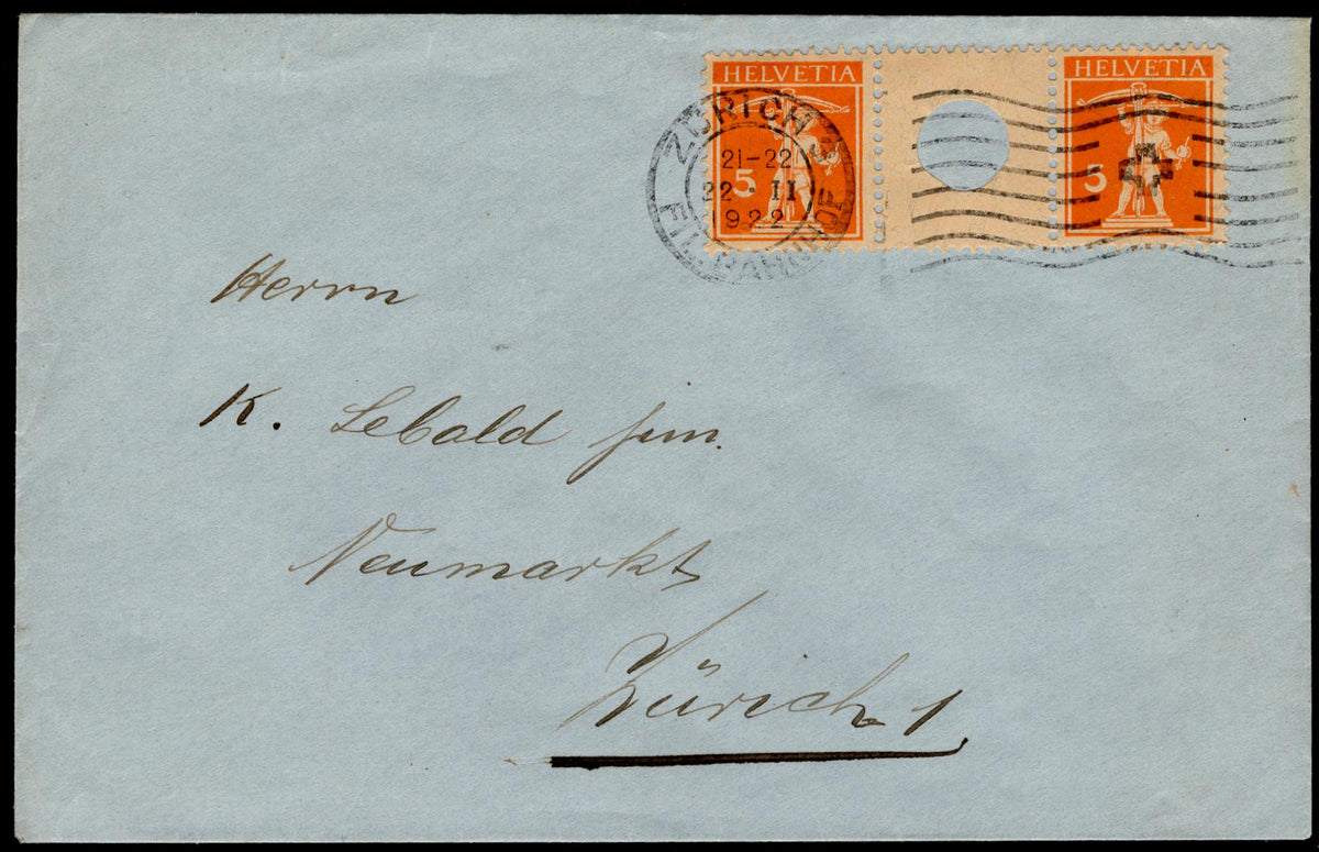 Switzerland 1922 Zumstein S18, 5rp + 5rp Tell boy Pair on Cover, Renggli Certificate